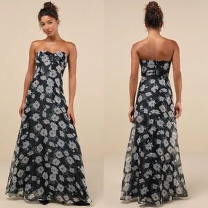 Lulus Chic Preciousness Black Floral Organza Bustier Maxi Dress XL Wedding Party